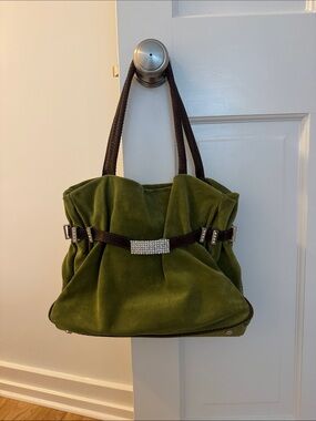 Green Suede Shoulder Bag with Crystal Buckle